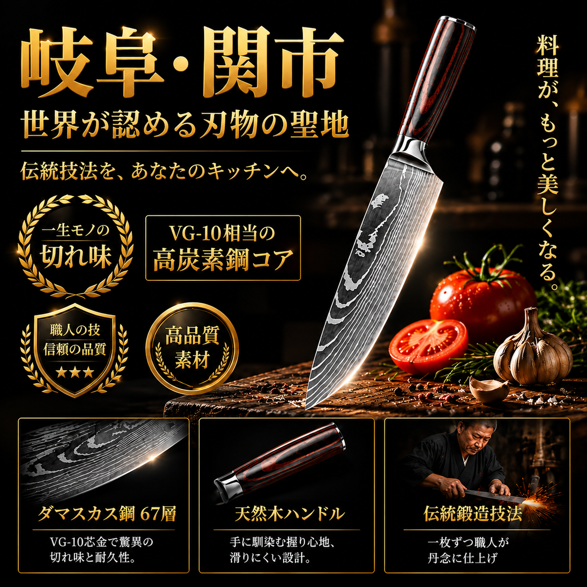 Mivora SteelEdge™｜ダマスカス包丁｜正確な切れ味を追求 超耐久キッチンナイフ。